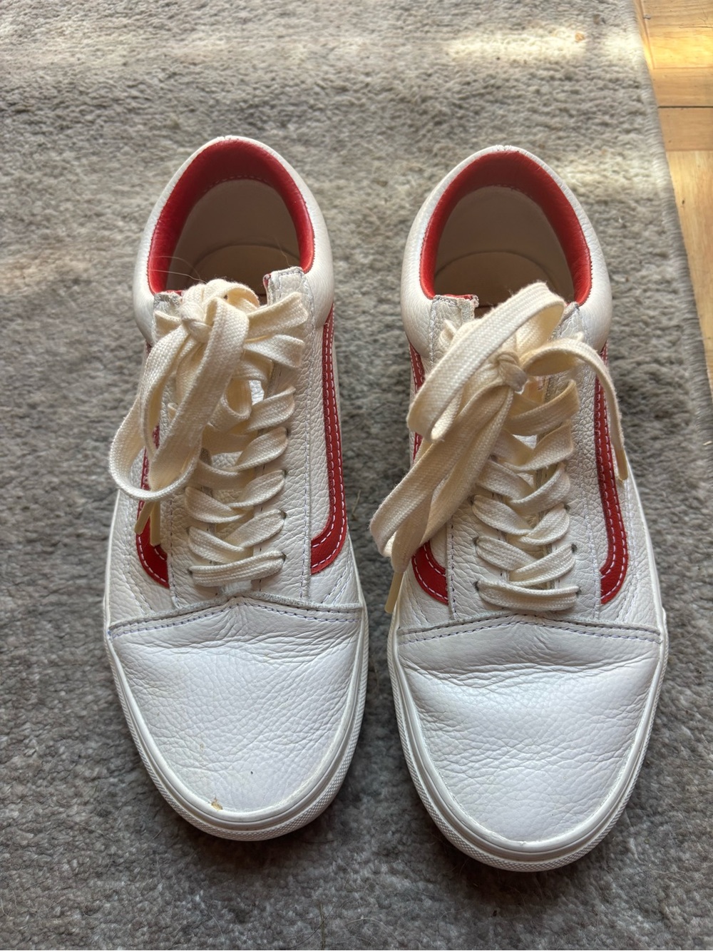 Vans White Leather Sneakers with Red Side Stripe